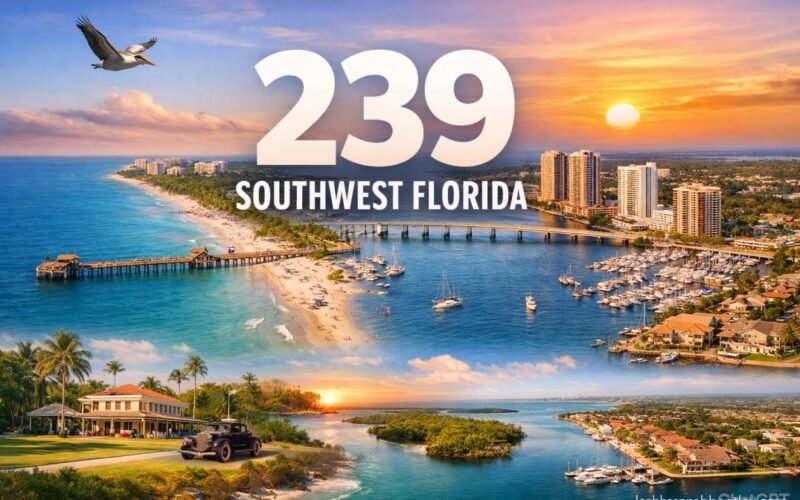 Southwest Florida map showing 239 area code coverage including Fort Myers Naples and Cape Coral regions