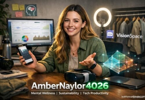 A portrait of digital creator AmberNaylor4026 in a modern studio environment, illustrating the intersection of technology, mental wellness, and sustainable community building in the year 2026.