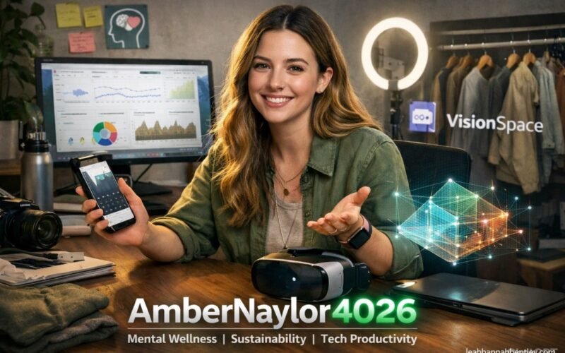 A portrait of digital creator AmberNaylor4026 in a modern studio environment, illustrating the intersection of technology, mental wellness, and sustainable community building in the year 2026.