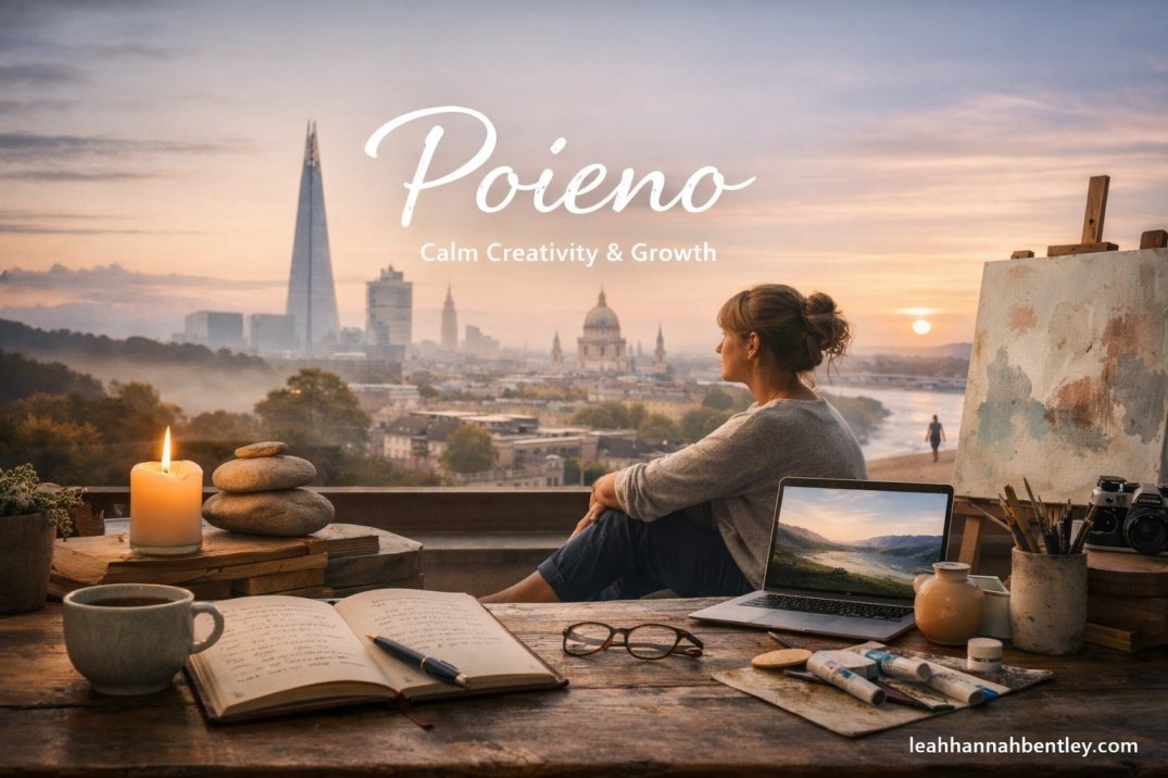 A serene digital illustration representing Poieno creativity, featuring soft pastel tones and a minimalist workspace that symbolises growth and mental clarity.