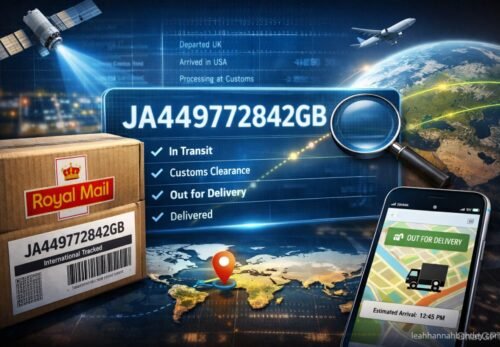 JA449772842GB Royal Mail international parcel tracking interface showing real-time package location, delivery status, and estimated arrival time with modern 2026 technology