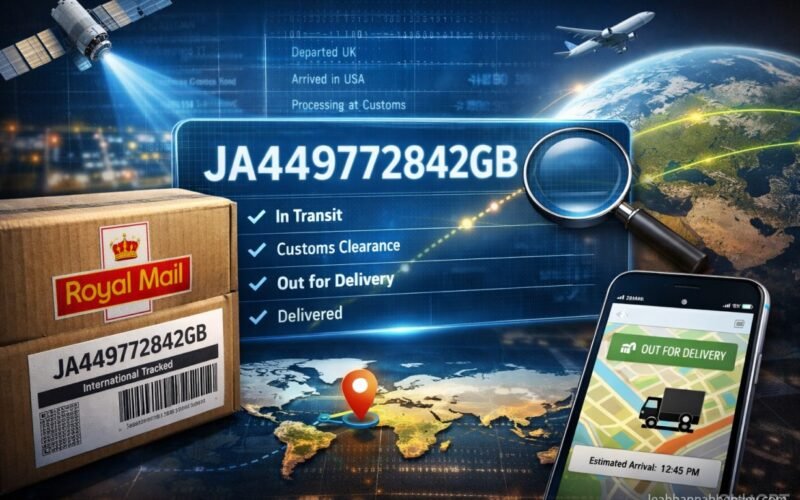 JA449772842GB Royal Mail international parcel tracking interface showing real-time package location, delivery status, and estimated arrival time with modern 2026 technology