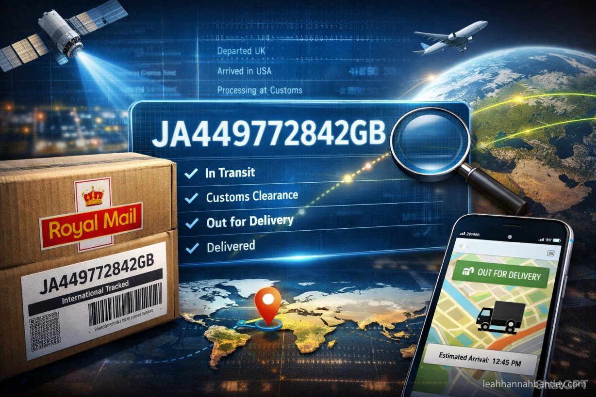 JA449772842GB Royal Mail international parcel tracking interface showing real-time package location, delivery status, and estimated arrival time with modern 2026 technology