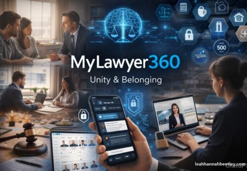 MyLawyer360: A futuristic 2026 legal office environment showing diverse attorneys analyzing AI-driven data dashboards on large transparent screens alongside clients securely interacting with digital legal portals on laptops.