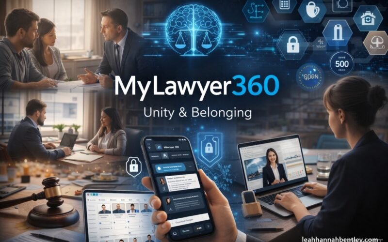 MyLawyer360: A futuristic 2026 legal office environment showing diverse attorneys analyzing AI-driven data dashboards on large transparent screens alongside clients securely interacting with digital legal portals on laptops.