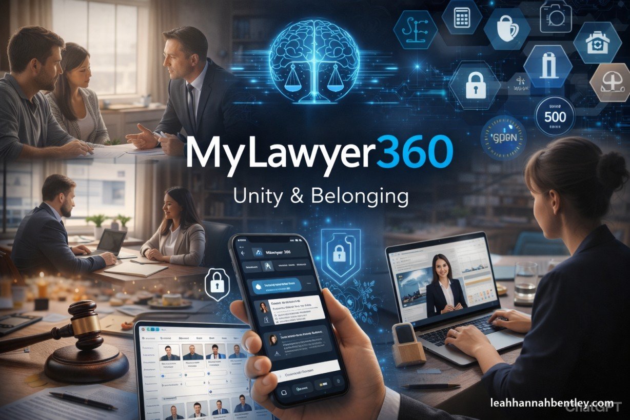 MyLawyer360: A futuristic 2026 legal office environment showing diverse attorneys analyzing AI-driven data dashboards on large transparent screens alongside clients securely interacting with digital legal portals on laptops.