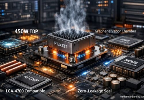A high-tech P13x13T thermal cooling module featuring a graphene-infused vapor chamber and micro-channel lattice structure for 2026 processors.