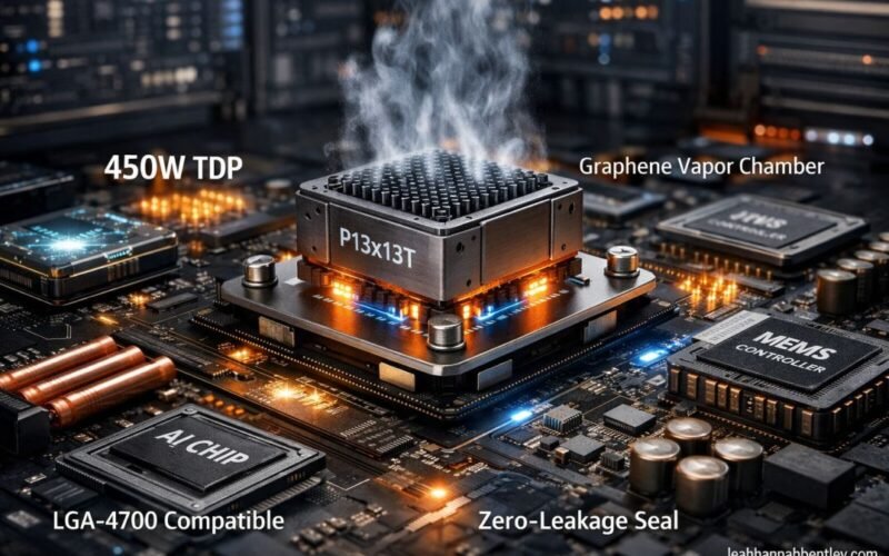 A high-tech P13x13T thermal cooling module featuring a graphene-infused vapor chamber and micro-channel lattice structure for 2026 processors.