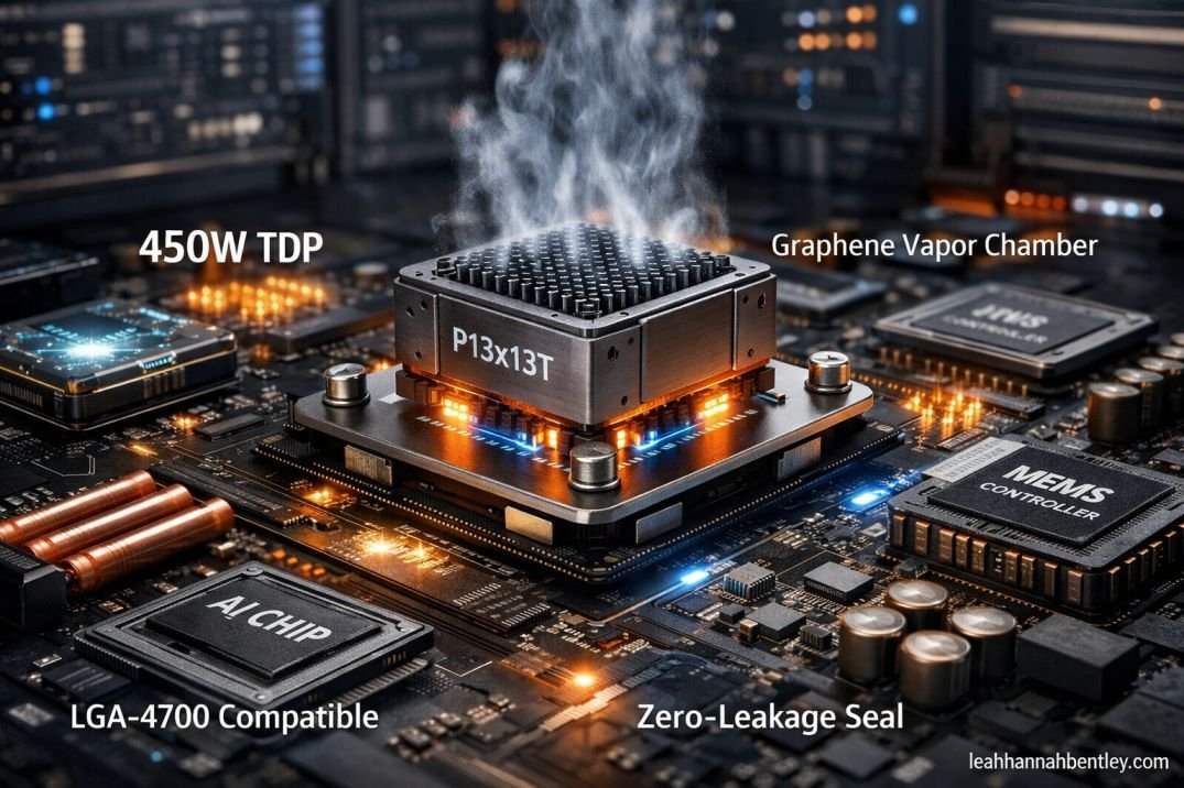 A high-tech P13x13T thermal cooling module featuring a graphene-infused vapor chamber and micro-channel lattice structure for 2026 processors.