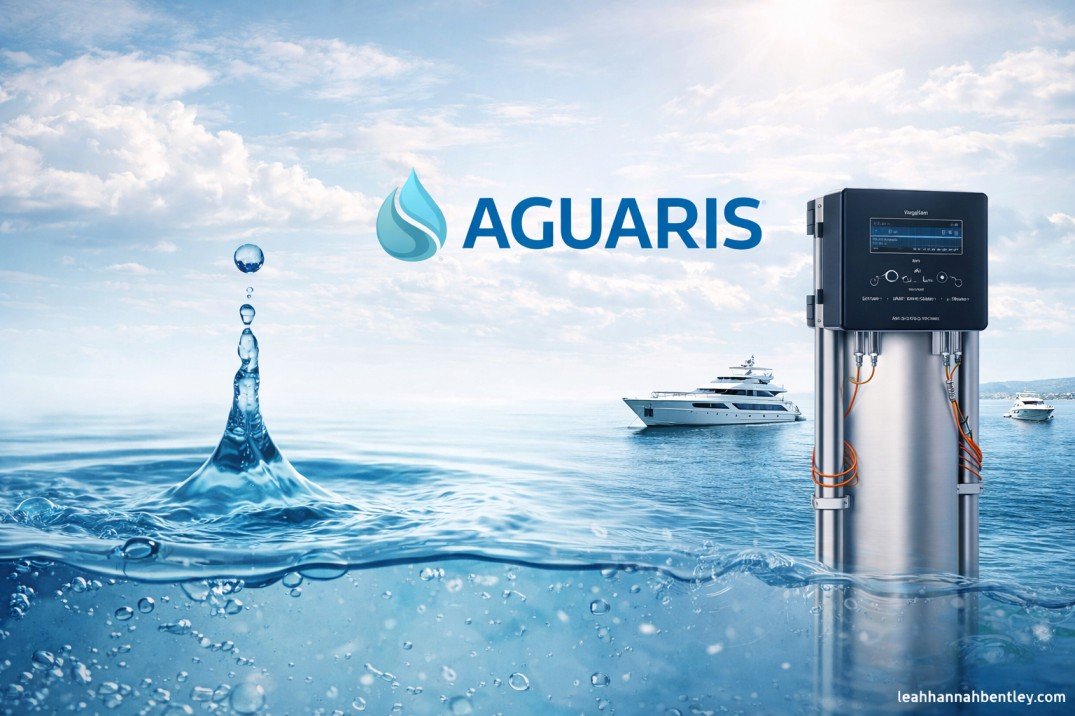 A close-up photograph of an installed Aguaris Vulcan electronic anti-limescale unit wrapped around a main water pipe, situated next to a large multi-stage filtration tank in a clean utility room.