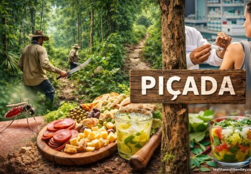 A narrow man-made trail known as a piçada carved through the tall grass and trees of a dense Brazilian forest.