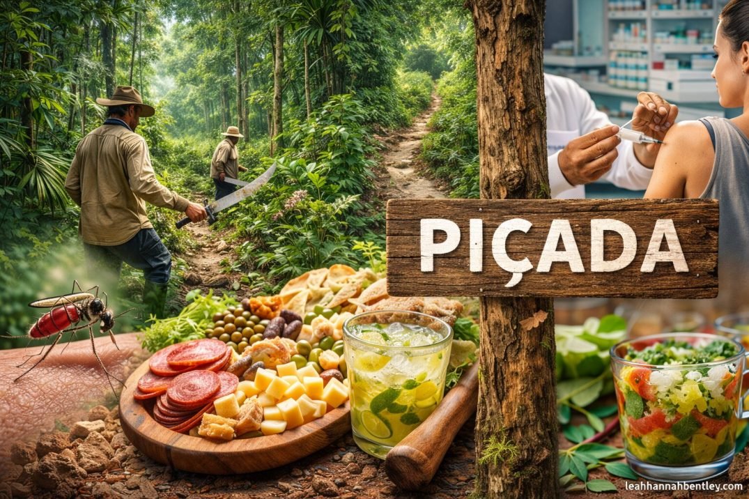 A narrow man-made trail known as a piçada carved through the tall grass and trees of a dense Brazilian forest.