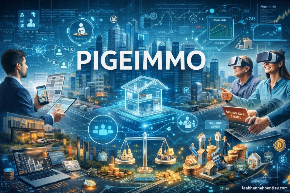 A digital screen displaying the Pigeimmo investment interface with predictive real estate analytics and property growth charts.