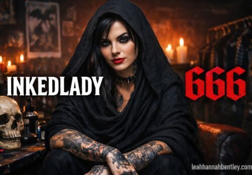 A high-quality artistic close-up of a woman with intricate tattoos and an alternative aesthetic, representing the bold digital identity of Inkedlady666.