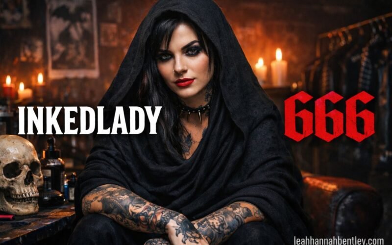 A high-quality artistic close-up of a woman with intricate tattoos and an alternative aesthetic, representing the bold digital identity of Inkedlady666.