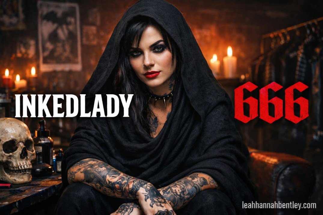 A high-quality artistic close-up of a woman with intricate tattoos and an alternative aesthetic, representing the bold digital identity of Inkedlady666.