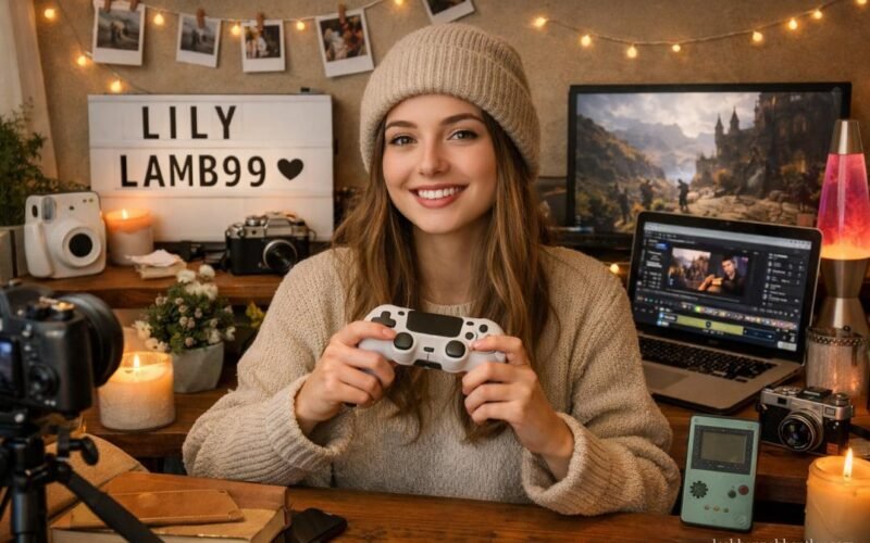 A soft aesthetic visual representation of Lilylamb99 featuring elements of gaming, DIY crafts, and vintage photography filters.