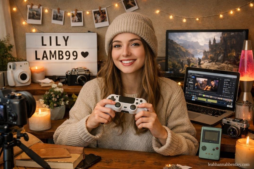 A soft aesthetic visual representation of Lilylamb99 featuring elements of gaming, DIY crafts, and vintage photography filters.